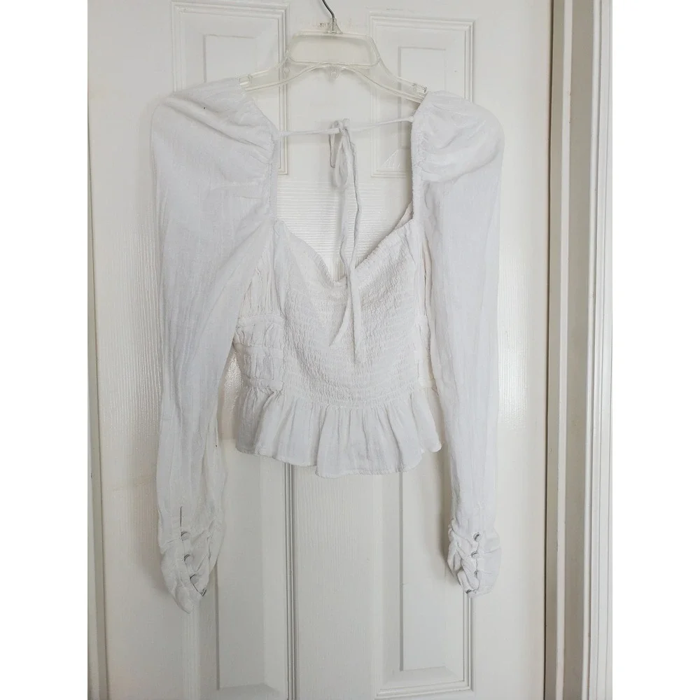 Free People Aurora Top Sweetheart Neck White Smocked Peplum Boho Cottagecore M